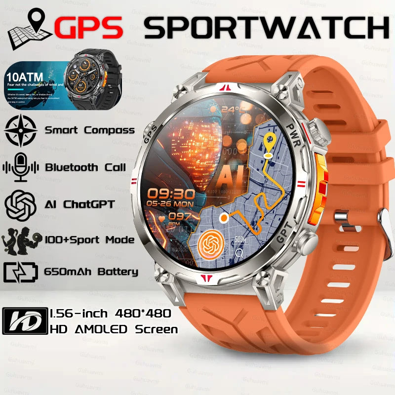 Outdoor GPS Sports Smart Watch for Men, 1.56" AMOLED, Compass, 10ATM Water Resistant