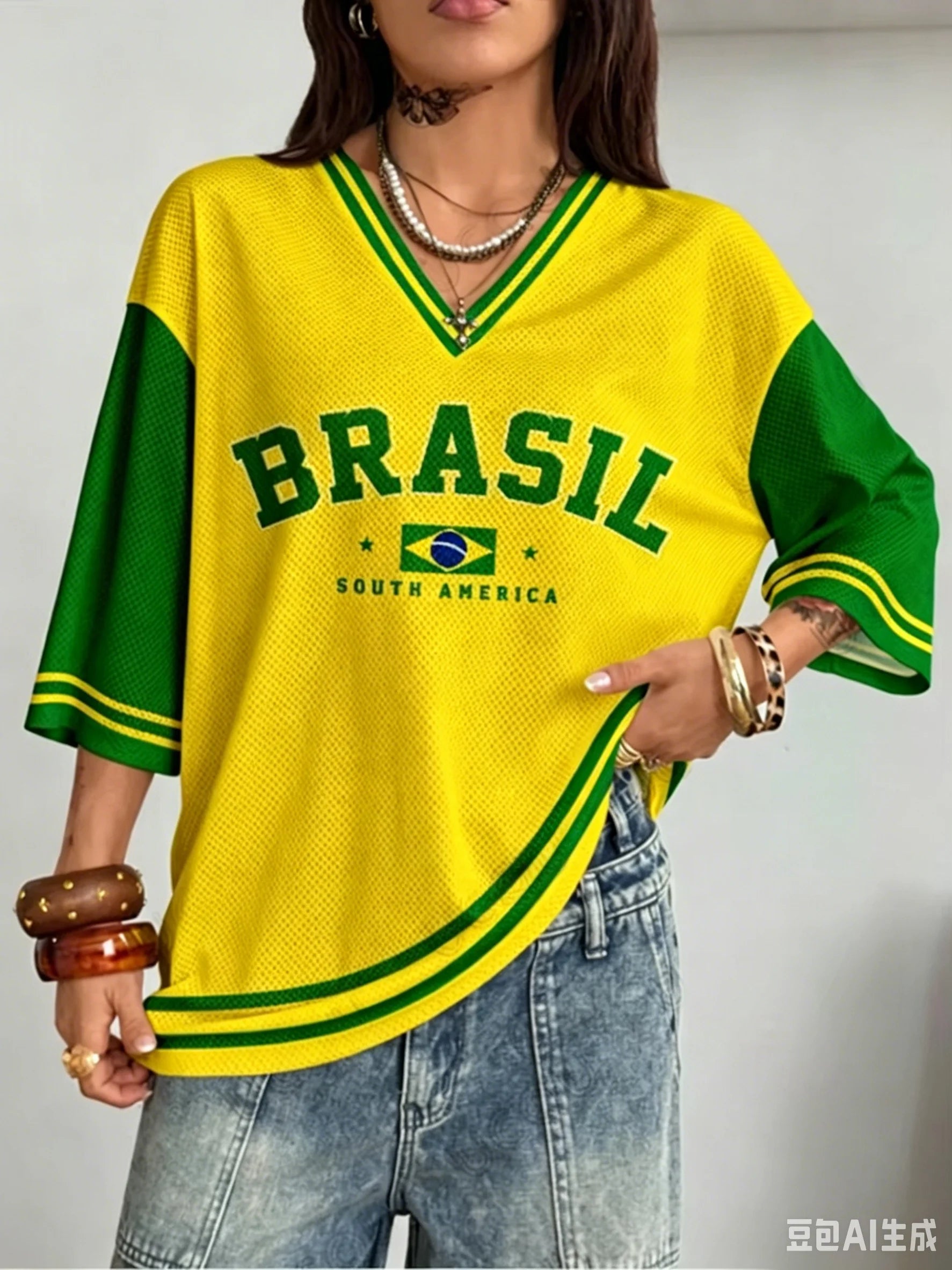 Summer New Vintage Brazil Style Print Women V-Neck T Shirt Patchwork Short Sleeve Sports Tees Football Jersey Y2K Loose Tops