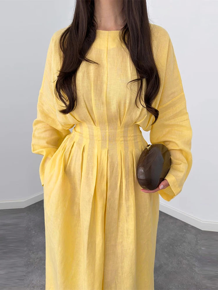 Casual Pleated Women's Dress Solid  Long Sleeve O-Neck Waist-Closed Lace-Up Dresses 2026 Chic Female Vacation Holiday Robe
