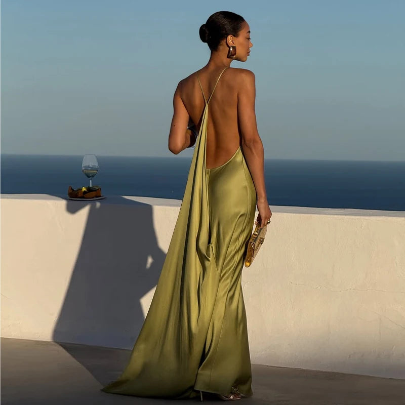 Elegant Satin Ribbon Backless Women's Long Dress Pleated V-neck Slit Beach Party Dresses 2026 Summer Lady Solid Evening Robes