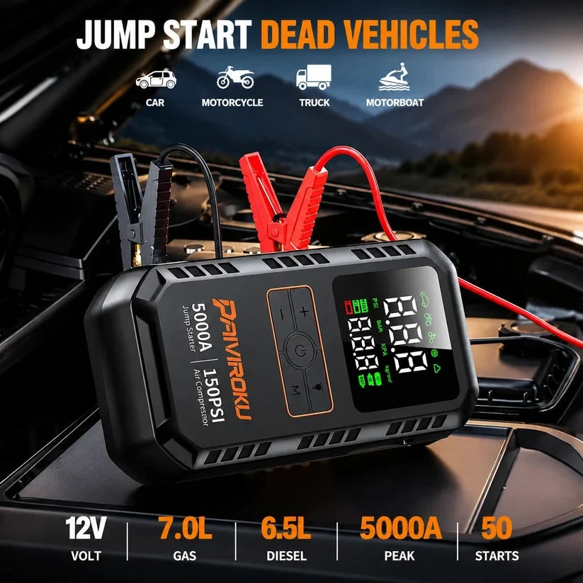 4-in-1 Car Jump Starter with Air Compressor – 5000A Peak, 150PSI, Power Bank