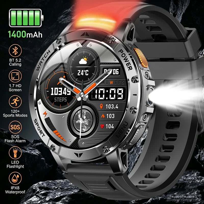 Rugged Smart Watch with 1400mAh Battery, 1.7" Display, IPX8, LED Flashlight, SOS