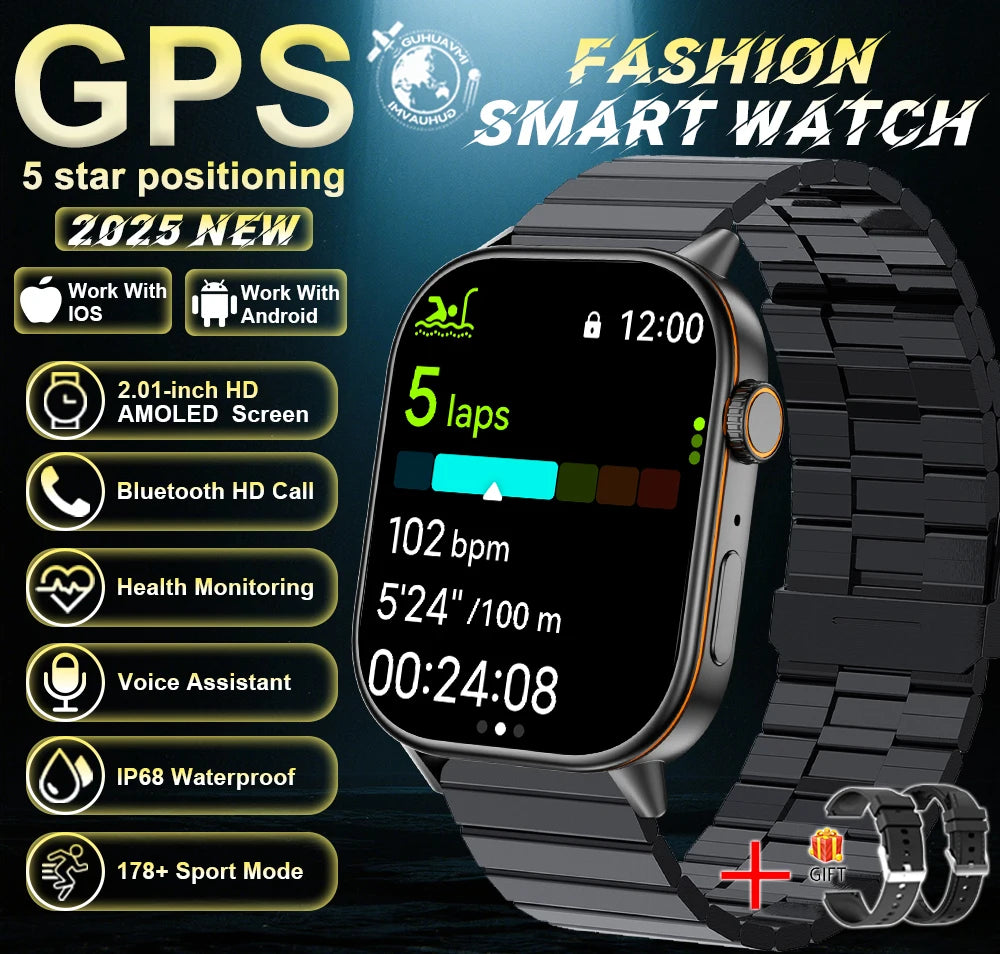 Outdoor GPS Smart Watch for Men, 2.01" AMOLED, Compass, 178+ Sports Modes