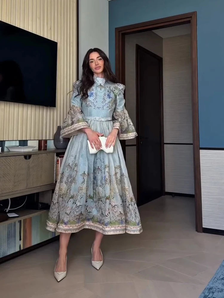 Elegant Women's Dress Full Sleeve Waist Belt A-line Hem Female Printed Dresses 2026 Summer Fashion Chic New Holiday Lady Robe