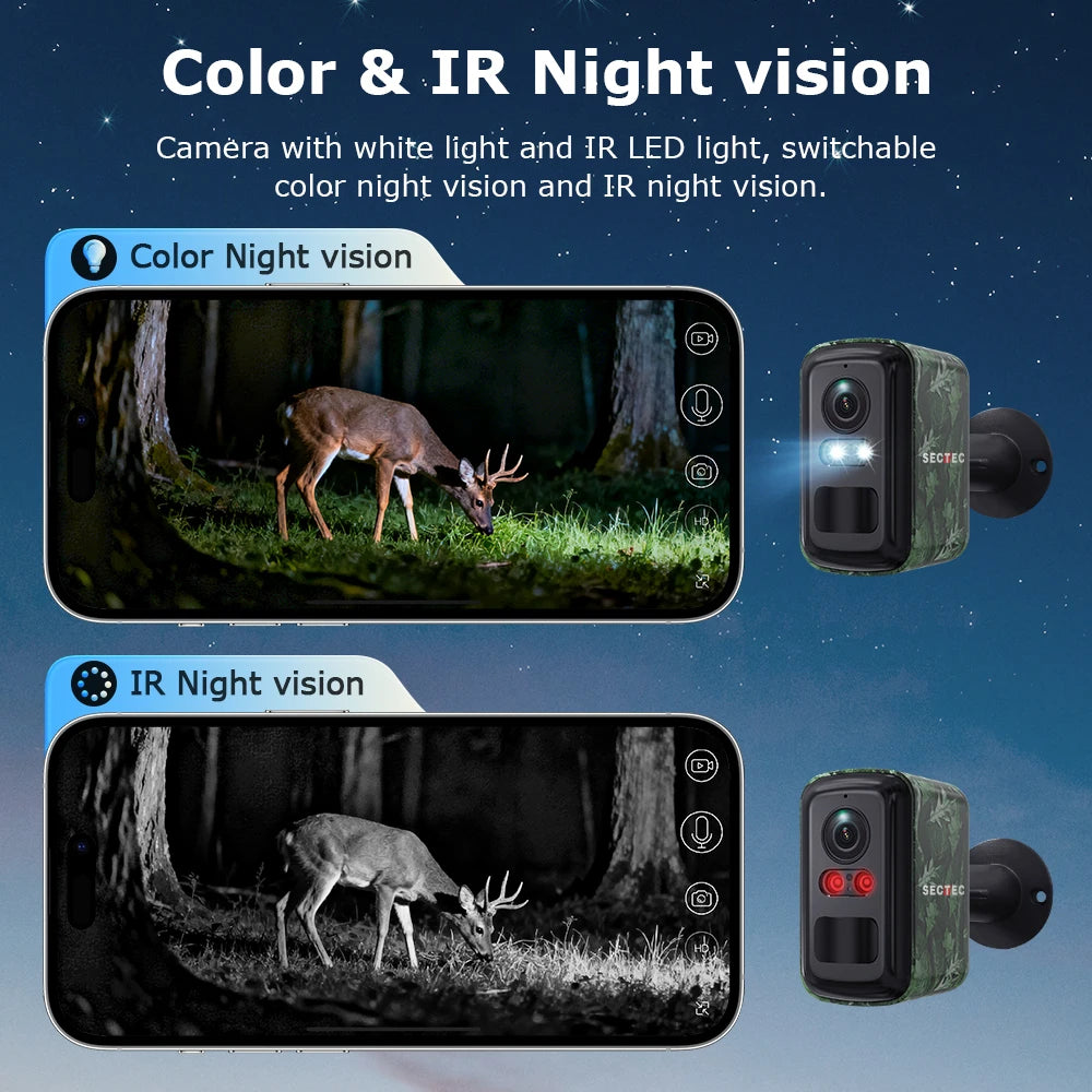 SECTEC 4G Solar Security Camera Outdoor 5MP Camouflage Wireless WiFi Battery Camera Color Night Vision PIR Human Detection IP66