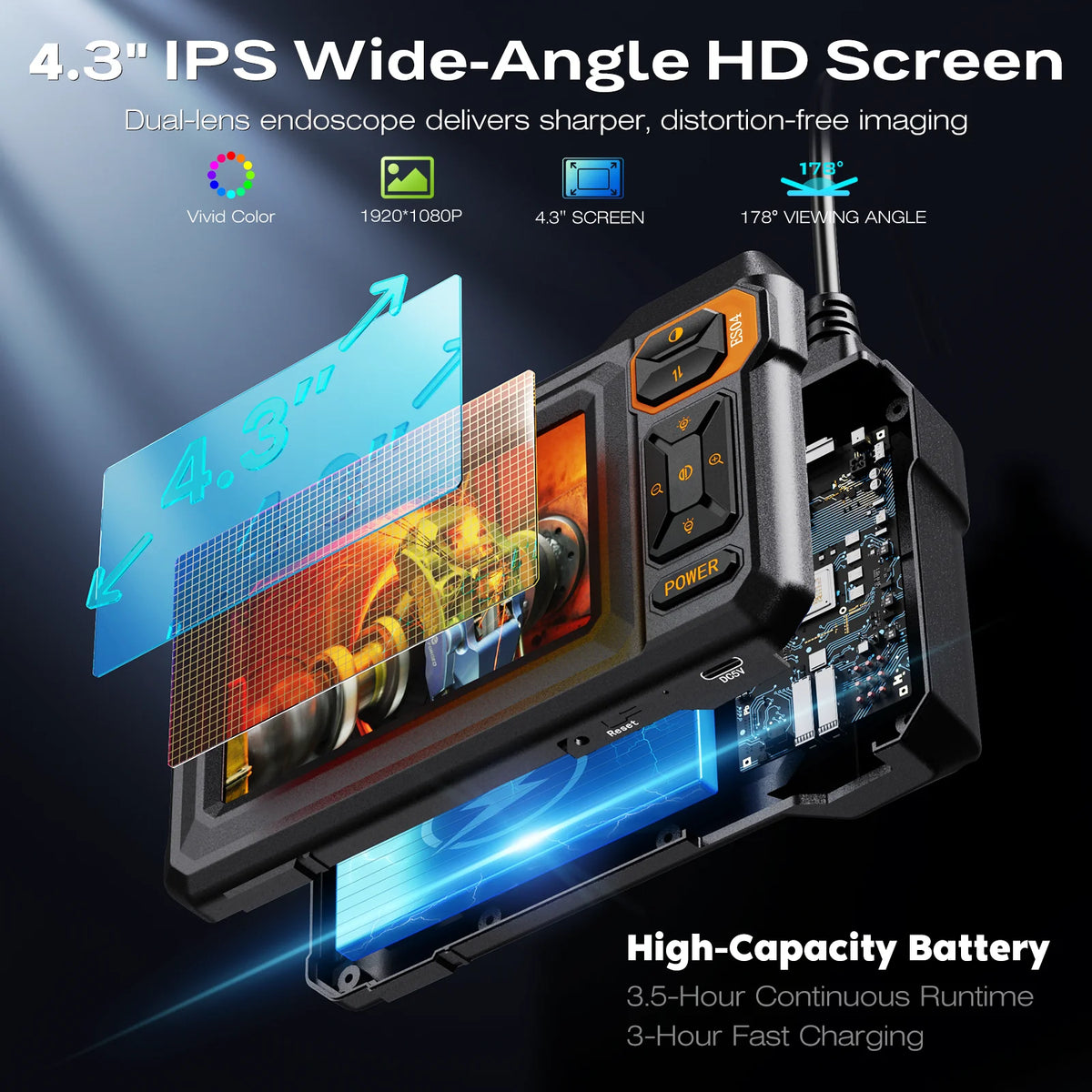 Dual-Lens Borescope Inspection Camera with LED Light & 4.3" Screen
