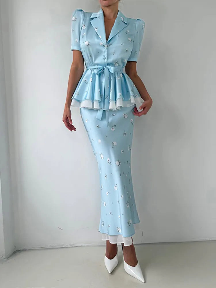 Floral Print Mermaid Skirt Set Women V-Neck Long Flare Sleeve Top Waist Cinched Ruffle Hem Maxi Skirts 2026 Chic Party Lady Suit