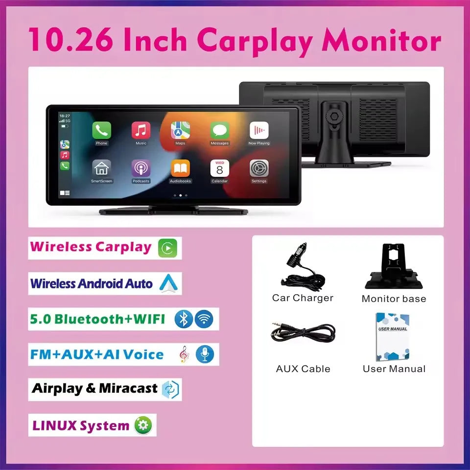 Portable Wireless CarPlay & Android Auto Touchscreen – Dashboard Car Stereo Display
