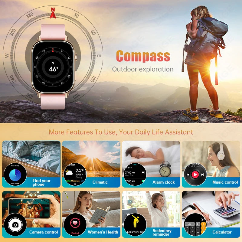 LIGE Women's GPS Smart Watch, 2.01" HD Screen, Compass, Bluetooth Calling, IP68