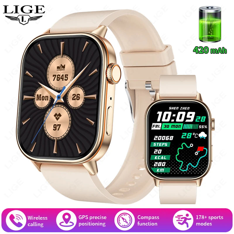 LIGE Women's GPS Smart Watch, 2.01" HD Screen, Compass, Bluetooth Calling, IP68
