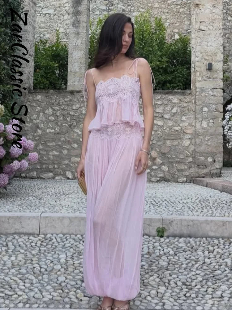 Beach Pink Lace Spliced Women's Set Summer See Through Strap Tank Top Pleated Lantern Pants Sets Lady New Casual Vacation Outfit