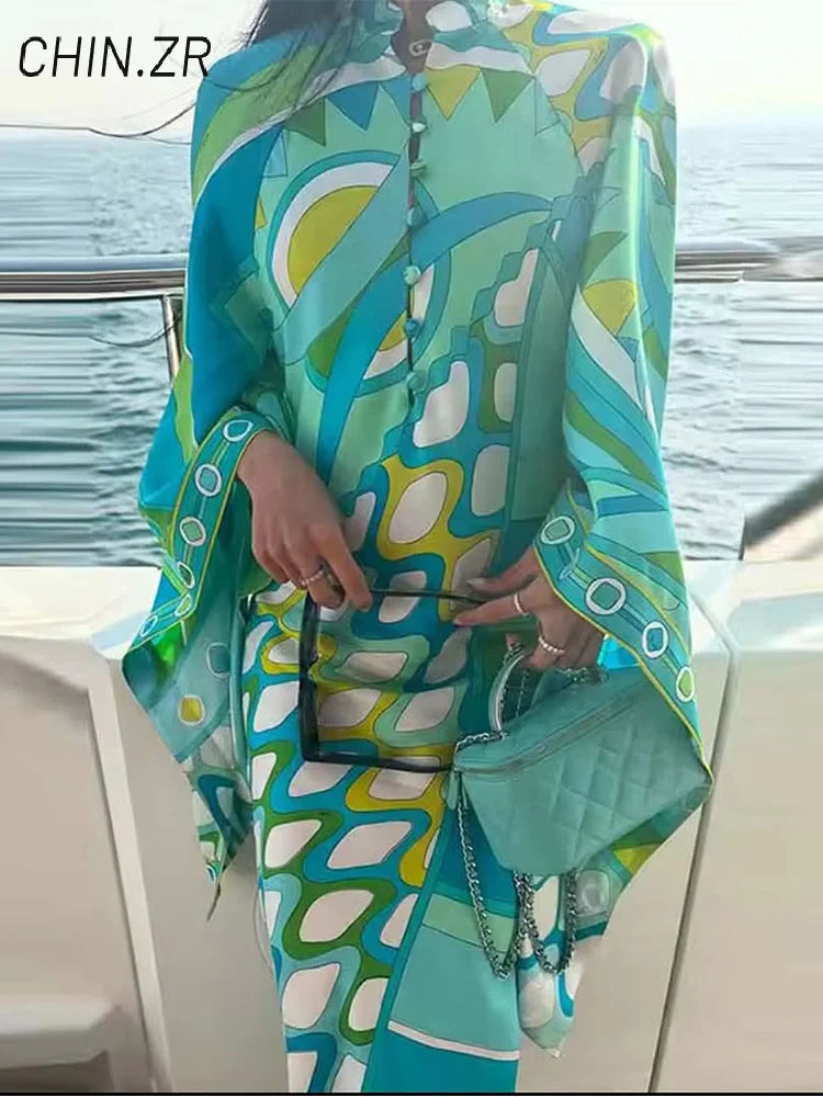 Fashion Geometric Printed Dress For Women Stand Neck Wide Sleeve Buttons Vacation Dresses 2026 Summer Lady Loose Beach Robe