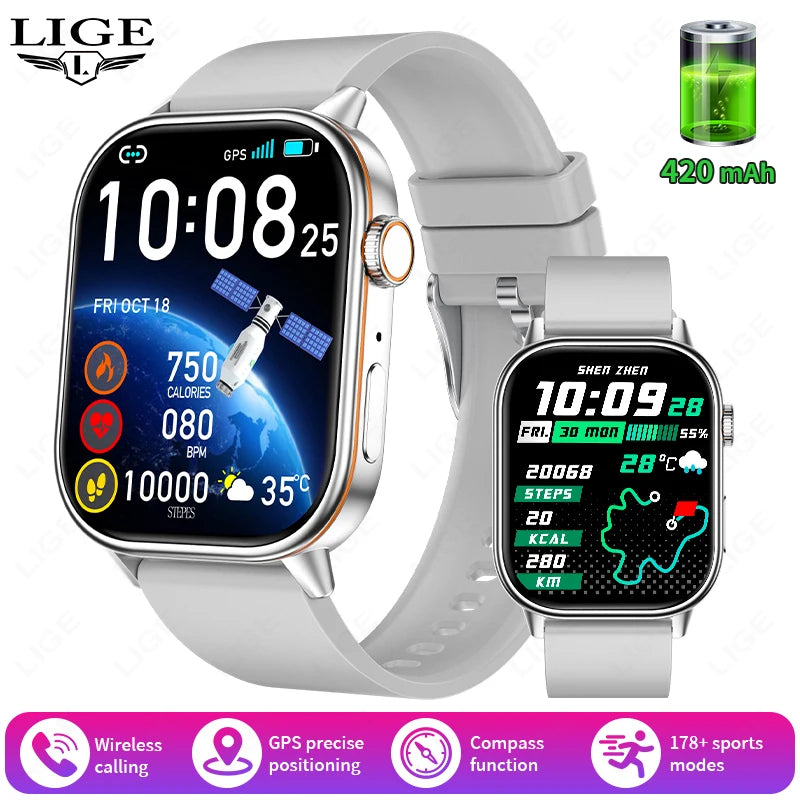 LIGE Women's GPS Smart Watch, 2.01" HD Screen, Compass, Bluetooth Calling, IP68