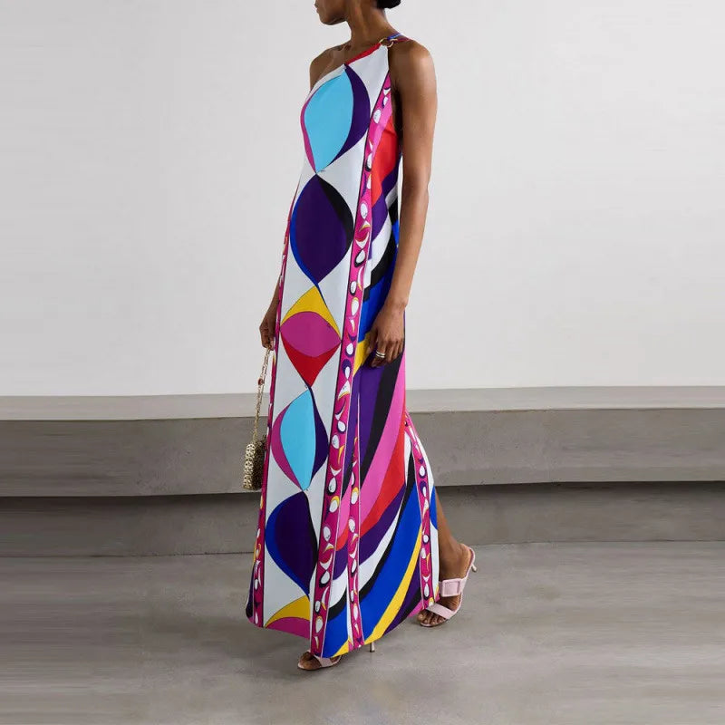 Fashion Geometric Printed Dress For Women Stand Neck Wide Sleeve Buttons Vacation Dresses 2026 Summer Lady Loose Beach Robe