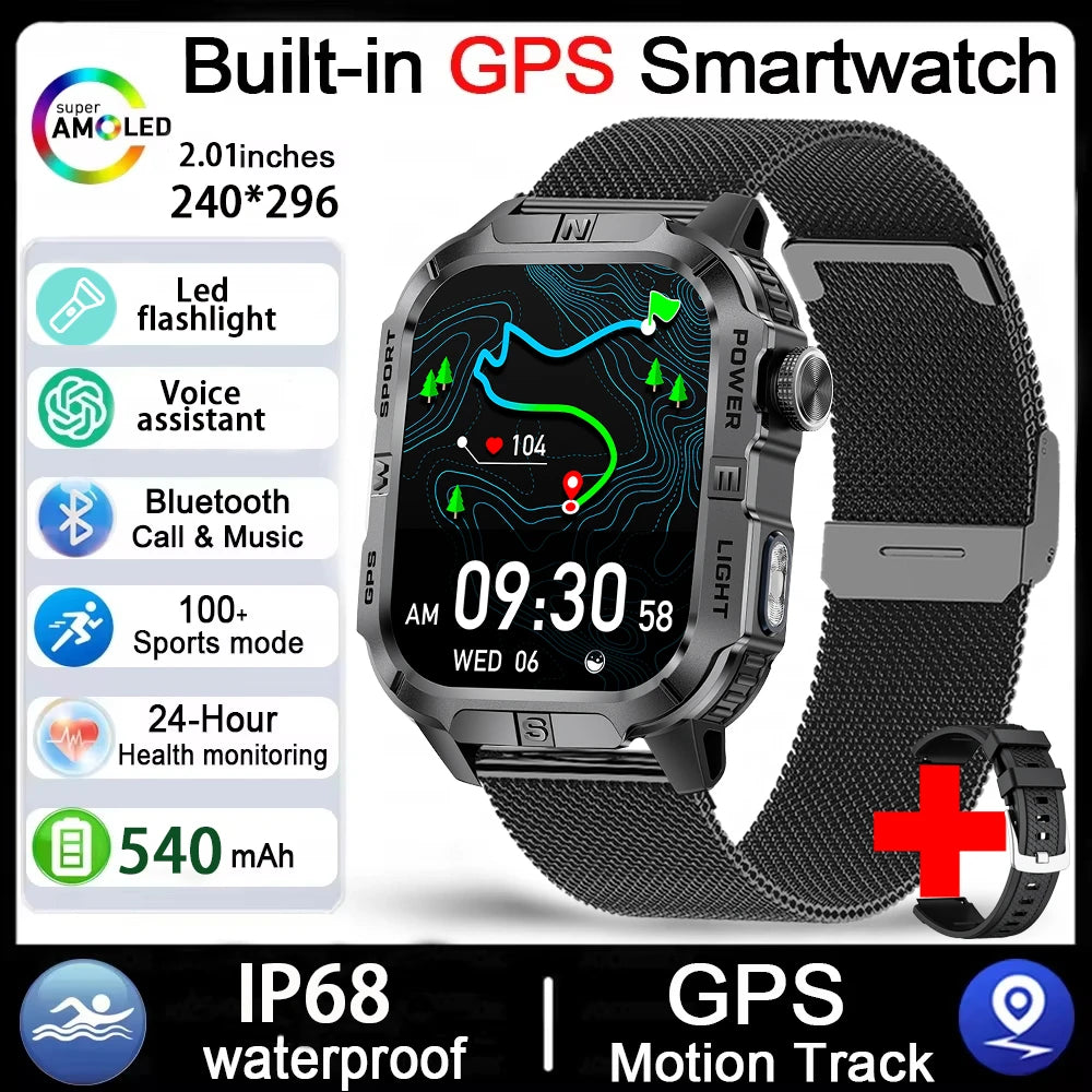 Rugged Outdoor Smart Watch for Men, 2.01" Display, GPS, Compass, LED Flashlight, IP68