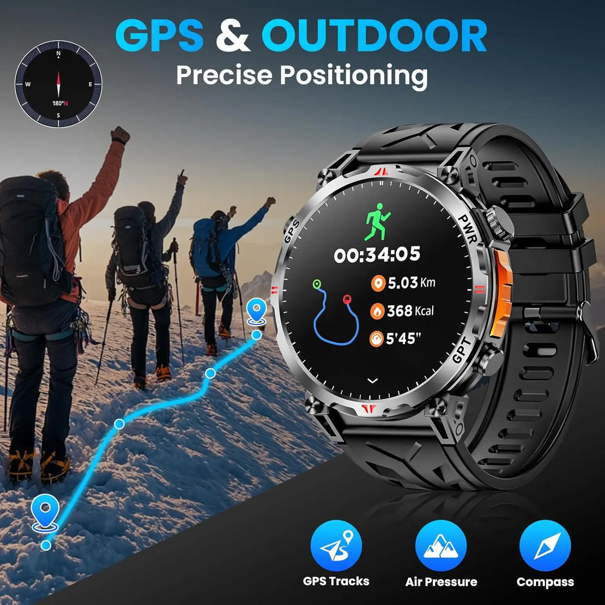 Outdoor GPS Sports Smart Watch for Men, 1.56" AMOLED, Compass, 10ATM Water Resistant