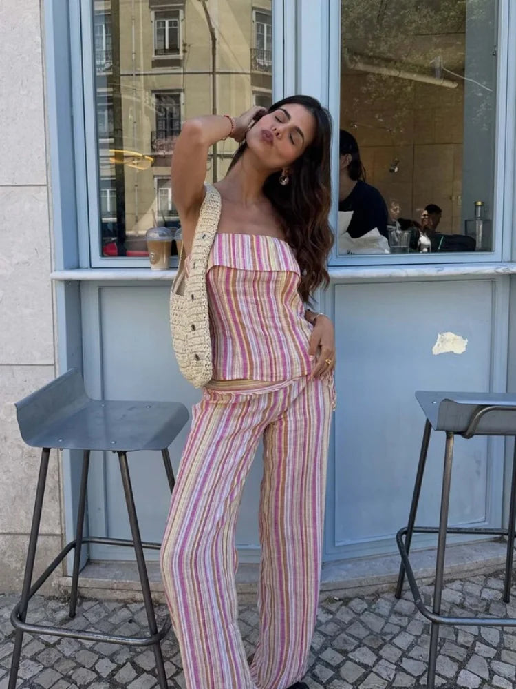 Street Print Strip Women Slim Drawstring High Waist Button Pockets All-match Pants Female 2026 Fashion Summer Autumn Bottom Lady