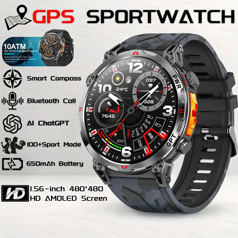 Outdoor GPS Sports Smart Watch for Men, 1.56" AMOLED, Compass, 10ATM Water Resistant