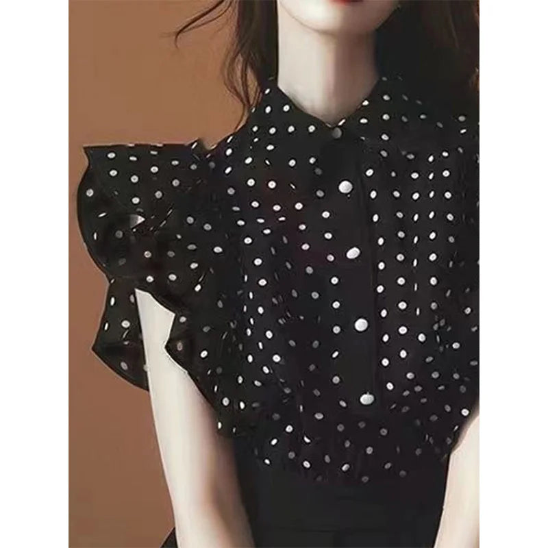 Black Polka Dot Sleeveless Chiffon Shirt Women's Summer Fashionable Beautiful Top Fairylike Flying Sleeve Short Sleeve Shirt