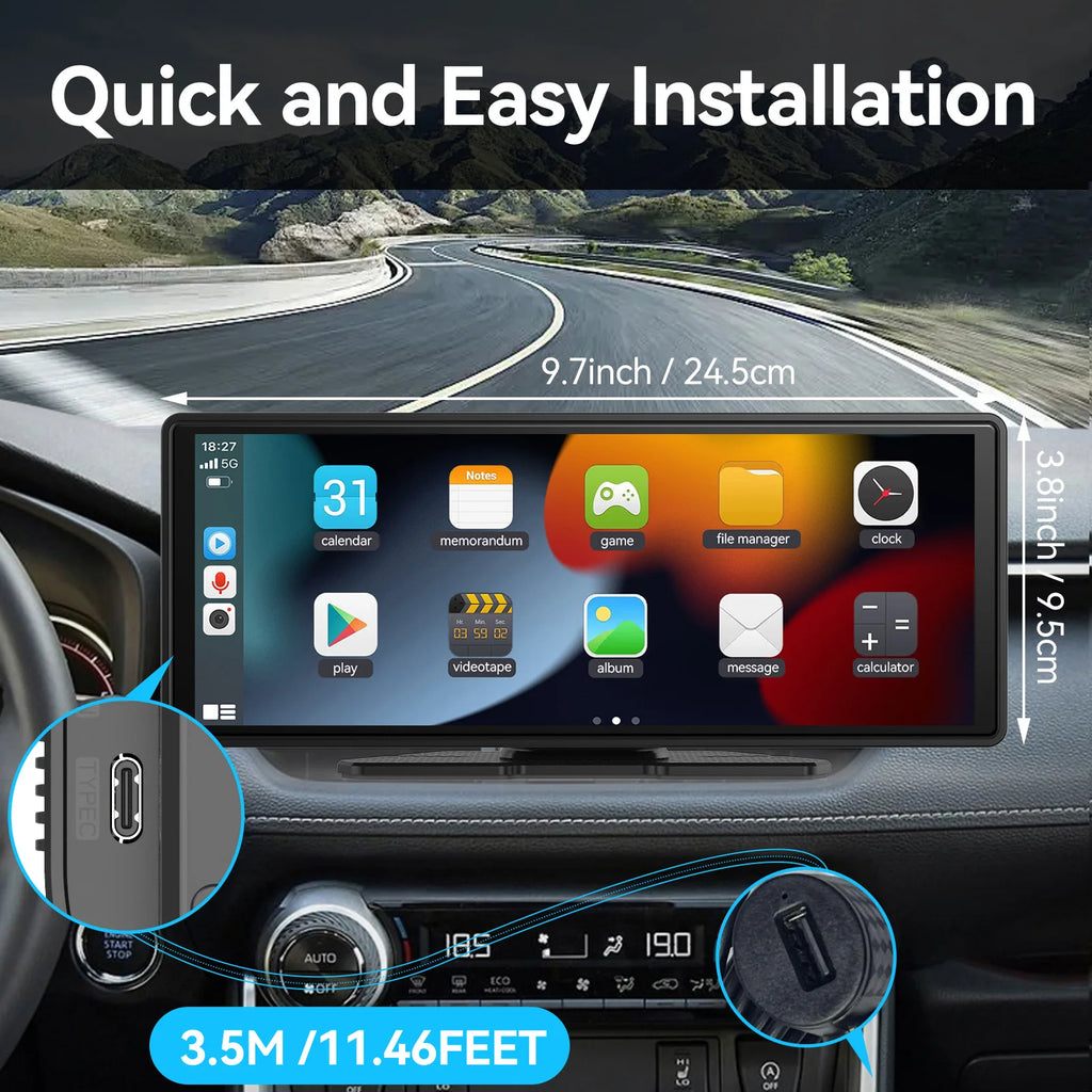 Portable Wireless CarPlay & Android Auto Touchscreen – Dashboard Car Stereo Display