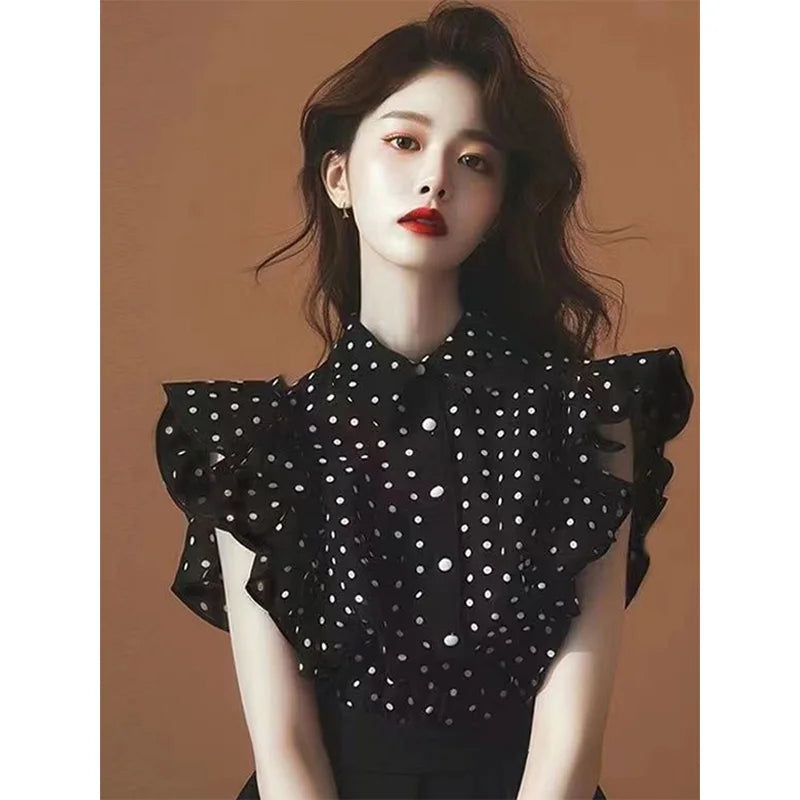 Black Polka Dot Sleeveless Chiffon Shirt Women's Summer Fashionable Beautiful Top Fairylike Flying Sleeve Short Sleeve Shirt