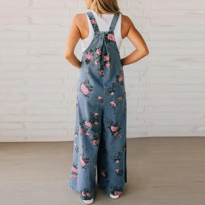 Summer Floral Printed Sleeveless Jumpsuit Women Casual Pocket Multicolor Overalls Square Wide Pants Jumpsuit Women Playsuits