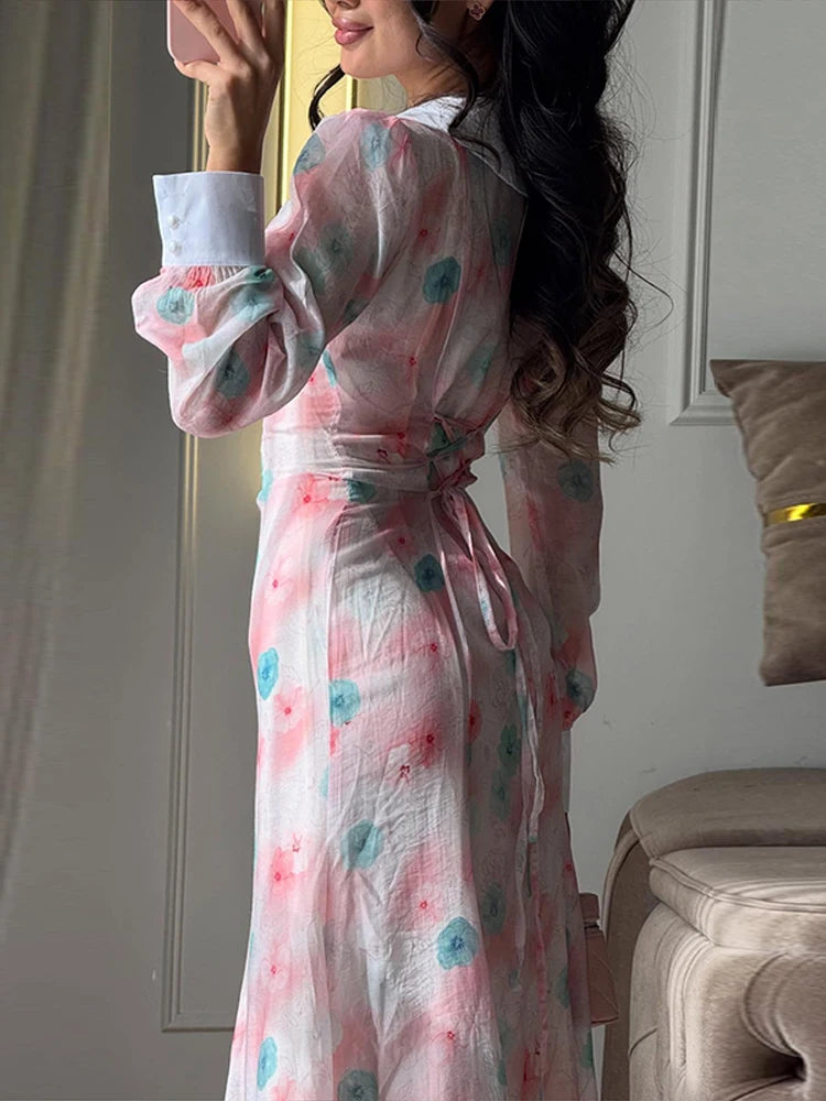 Elegant Printed V-Neck Contrast Dress Women's Side Single Breasted Lace Up Maxi Dresses 2026 Summer New Ladies Chic Party Gown
