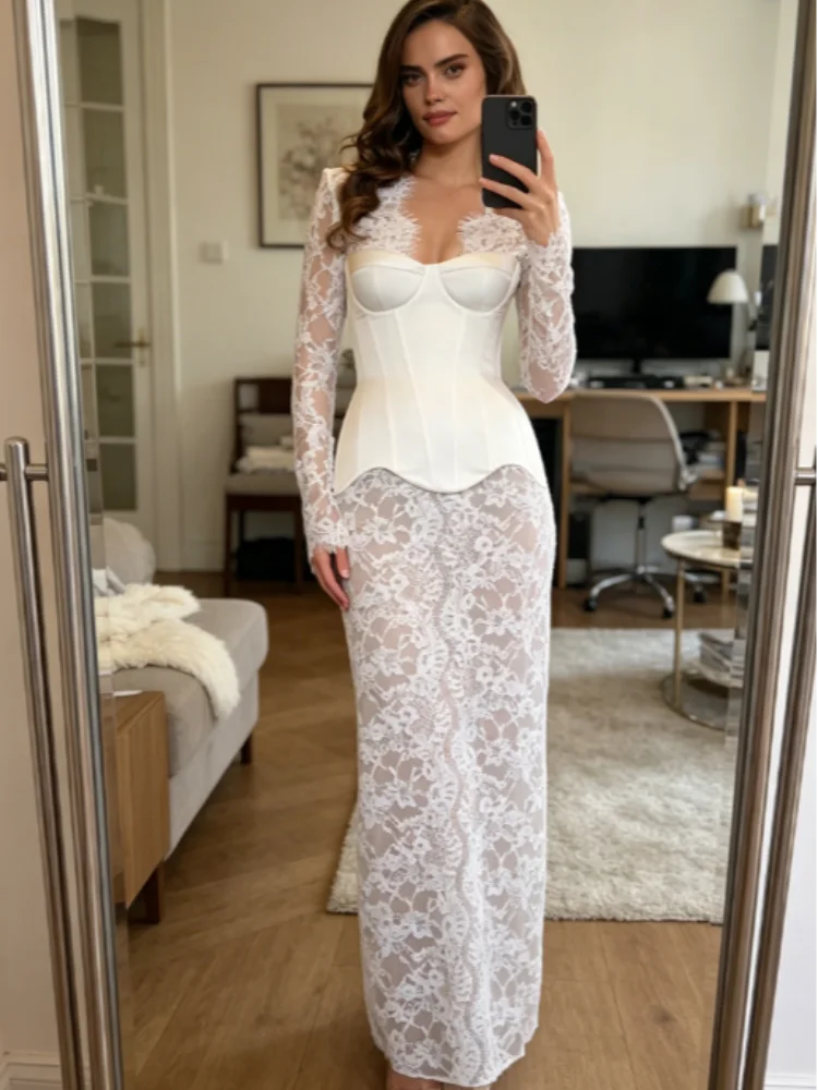 Elegant White Lace Corset Dress For Women Chic Bustier Top Long Sleeve Sheer Lace Maxi Gown 2026 New Lady Date Party Vestidos
