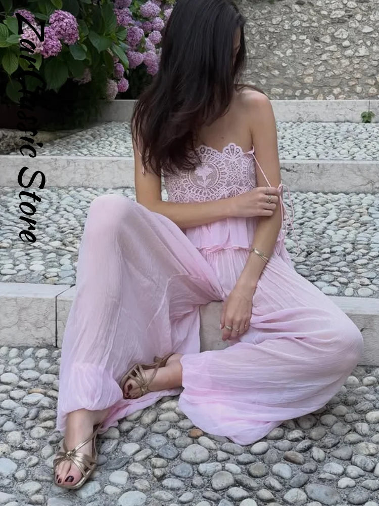 Beach Pink Lace Spliced Women's Set Summer See Through Strap Tank Top Pleated Lantern Pants Sets Lady New Casual Vacation Outfit