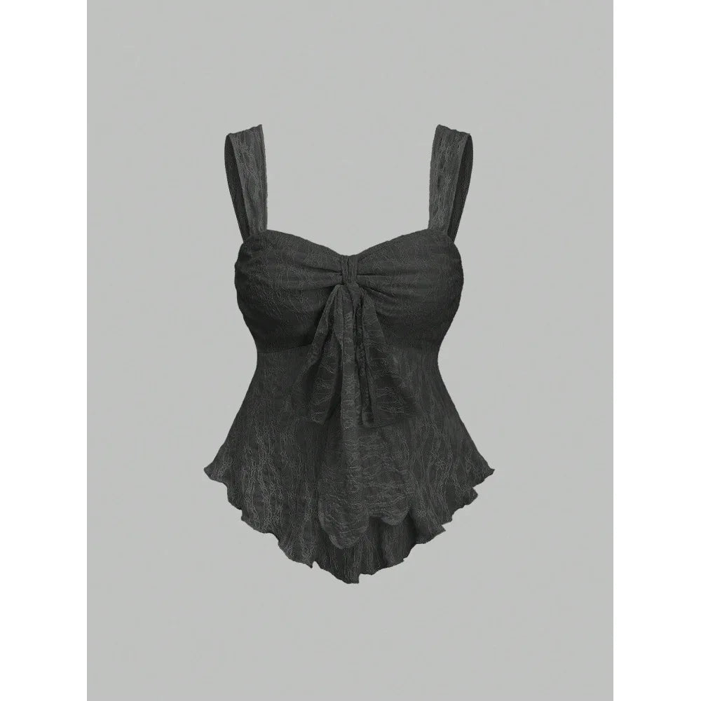 French solid color lace jacquard camisole vest with bow decoration, waist cinching short top, gentle and pure style vest
