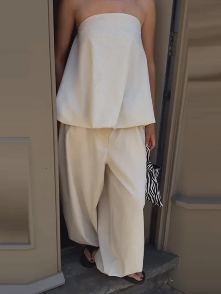 Casual Solid Two-Piece Set Women Strapless Sleeveless Pleated Top Loose Lantern Pants 2026 Summer New Lady Casual Basic Outfit
