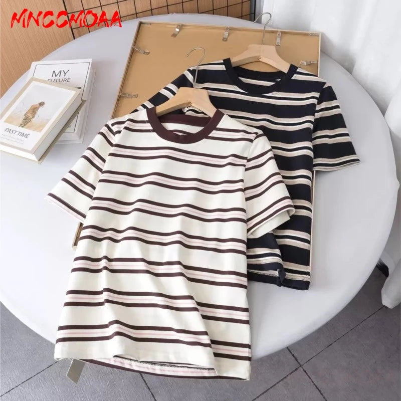 High Quality 2026 Summer New Women Fashion Stripes O-Neck Cotton T-Shirt Ladies Casual Short Sleeve Basic Tees Tops Female