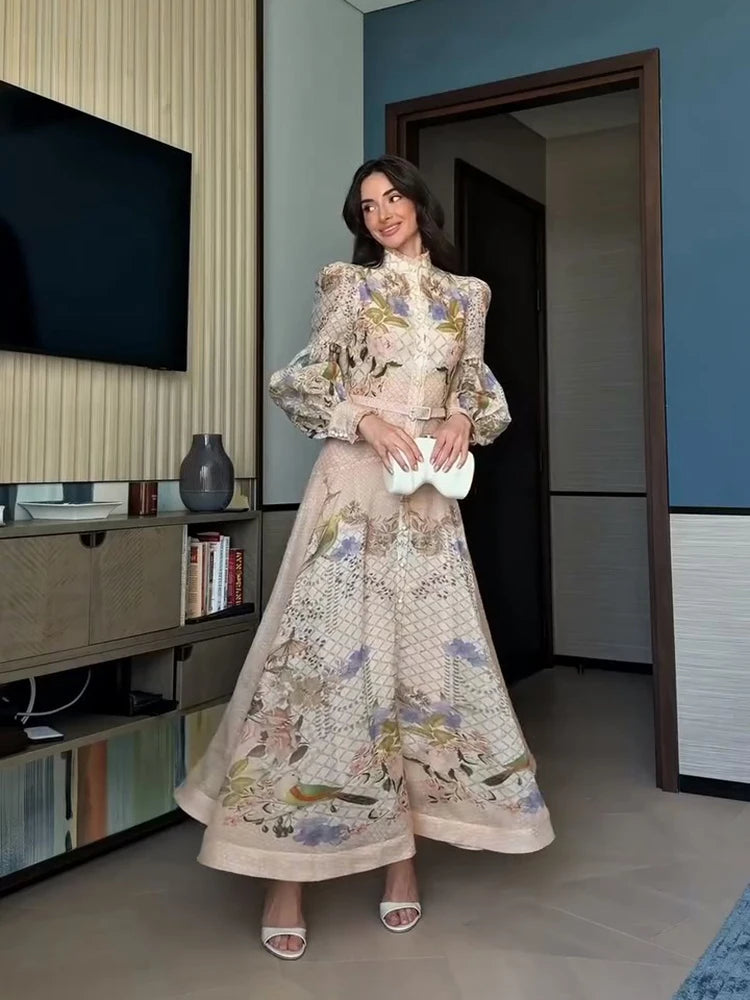 Elegant Women's Dress Full Sleeve Waist Belt A-line Hem Female Printed Dresses 2026 Summer Fashion Chic New Holiday Lady Robe