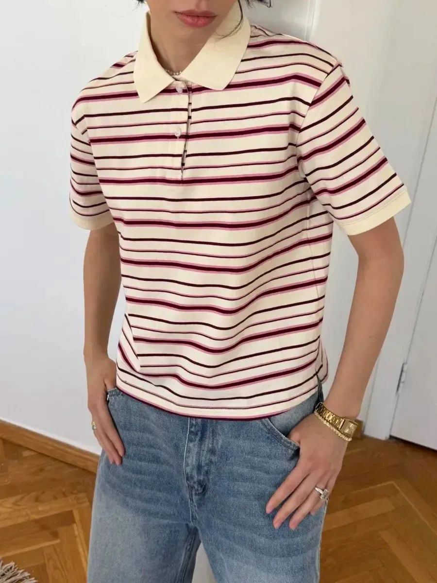 Sumuyoo Women's Retro Striped Polo T-Shirt Loose Fit Short Sleeve Casual Knitted Shirt Fashionable Summer Top for Ladies