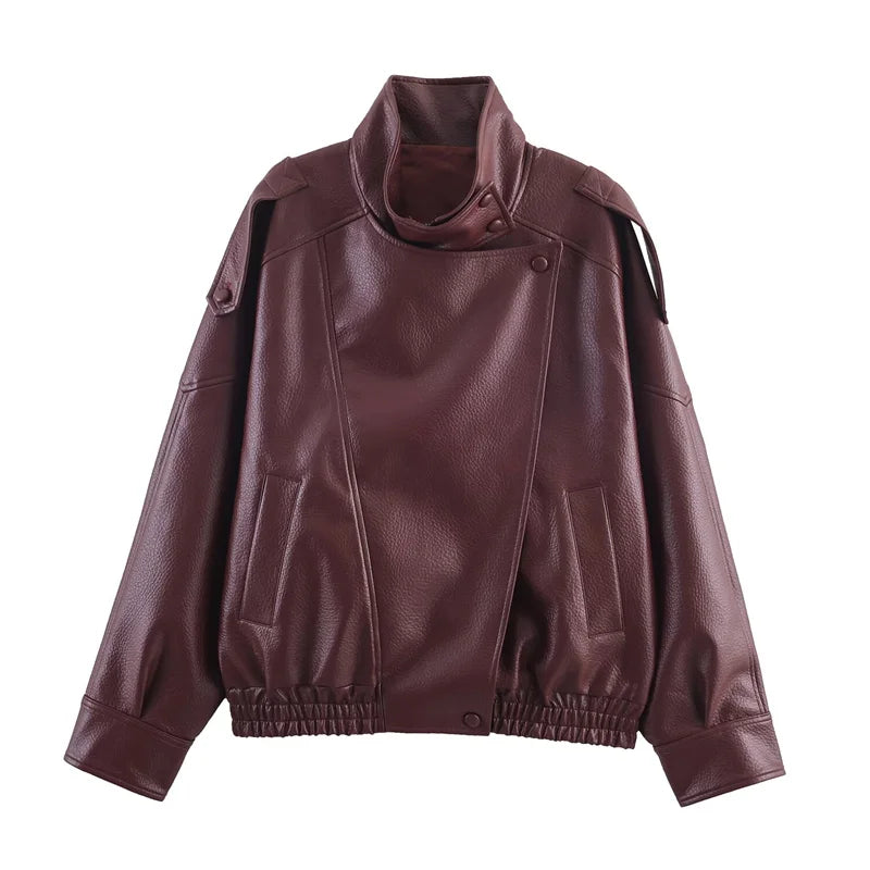 Women's Black Faux Leather Moto Jacket – Pebble Texture Long Sleeve Biker Jacket