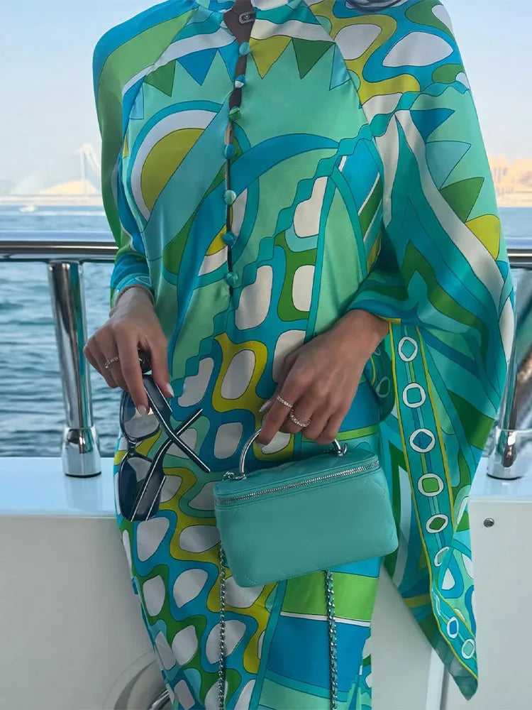 Fashion Geometric Printed Dress For Women Stand Neck Wide Sleeve Buttons Vacation Dresses 2026 Summer Lady Loose Beach Robe