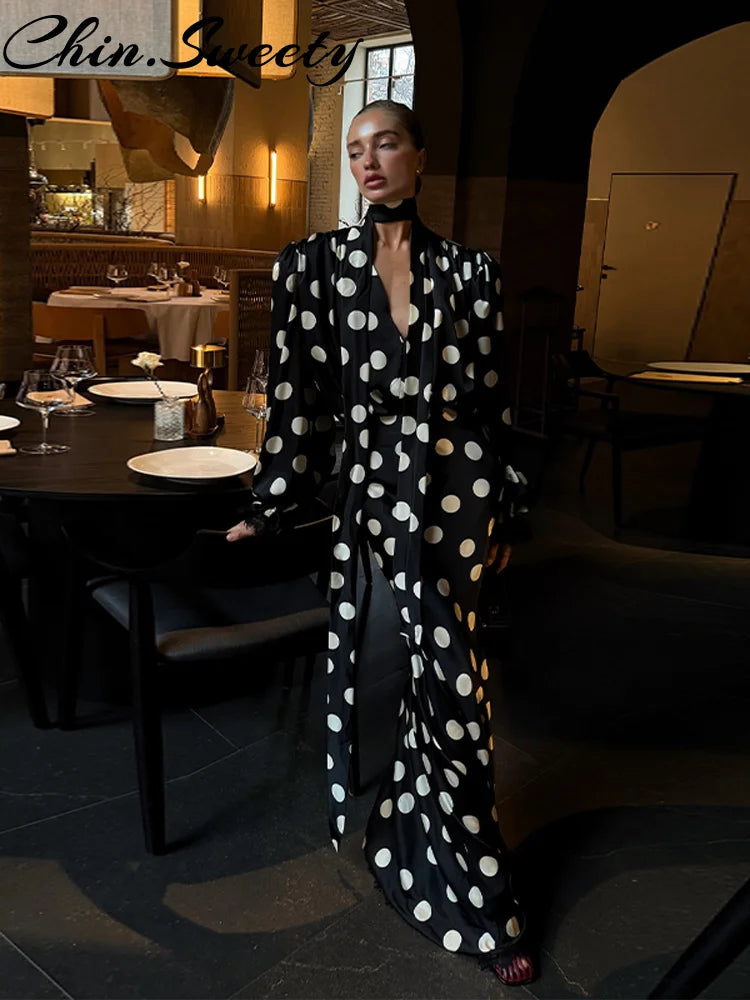 Sexy Polka Dot Satin Women Top Skirt Suit Party V-Neck Tie Neck Shirt High Waist Skirts 2026 Spring Summer Female 2 Pieces Set
