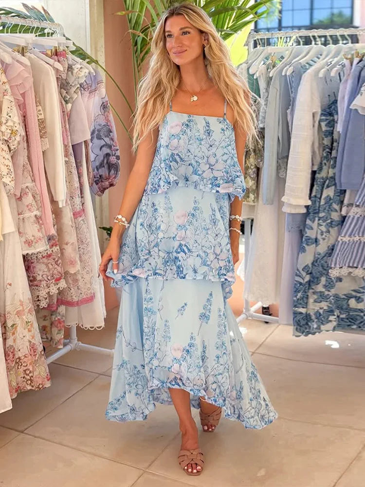Urban Cascading Ruffle Print Women Long Dress Sexy Backless Sleeveless Slash Neck Female Dresses 2026 Summer Beach Lady Robe