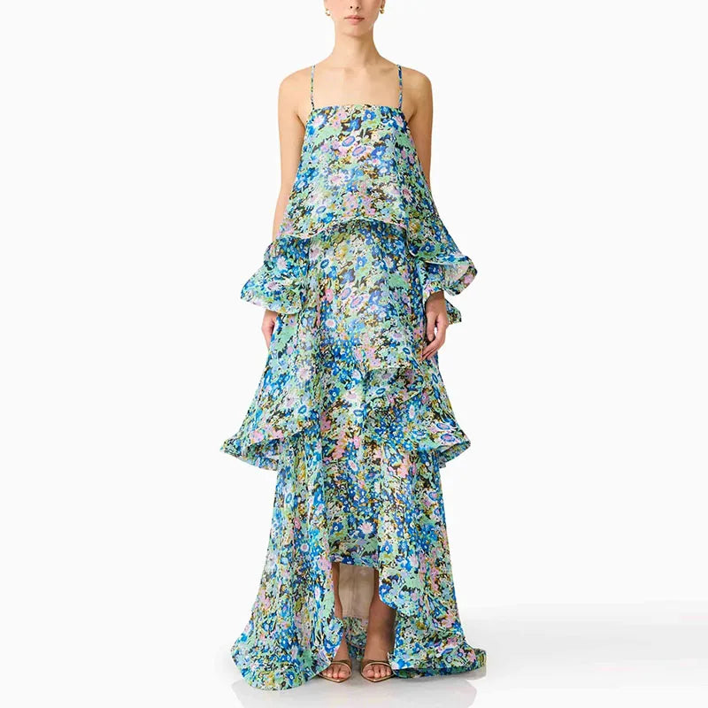 Urban Cascading Ruffle Print Women Long Dress Sexy Backless Sleeveless Slash Neck Female Dresses 2026 Summer Beach Lady Robe