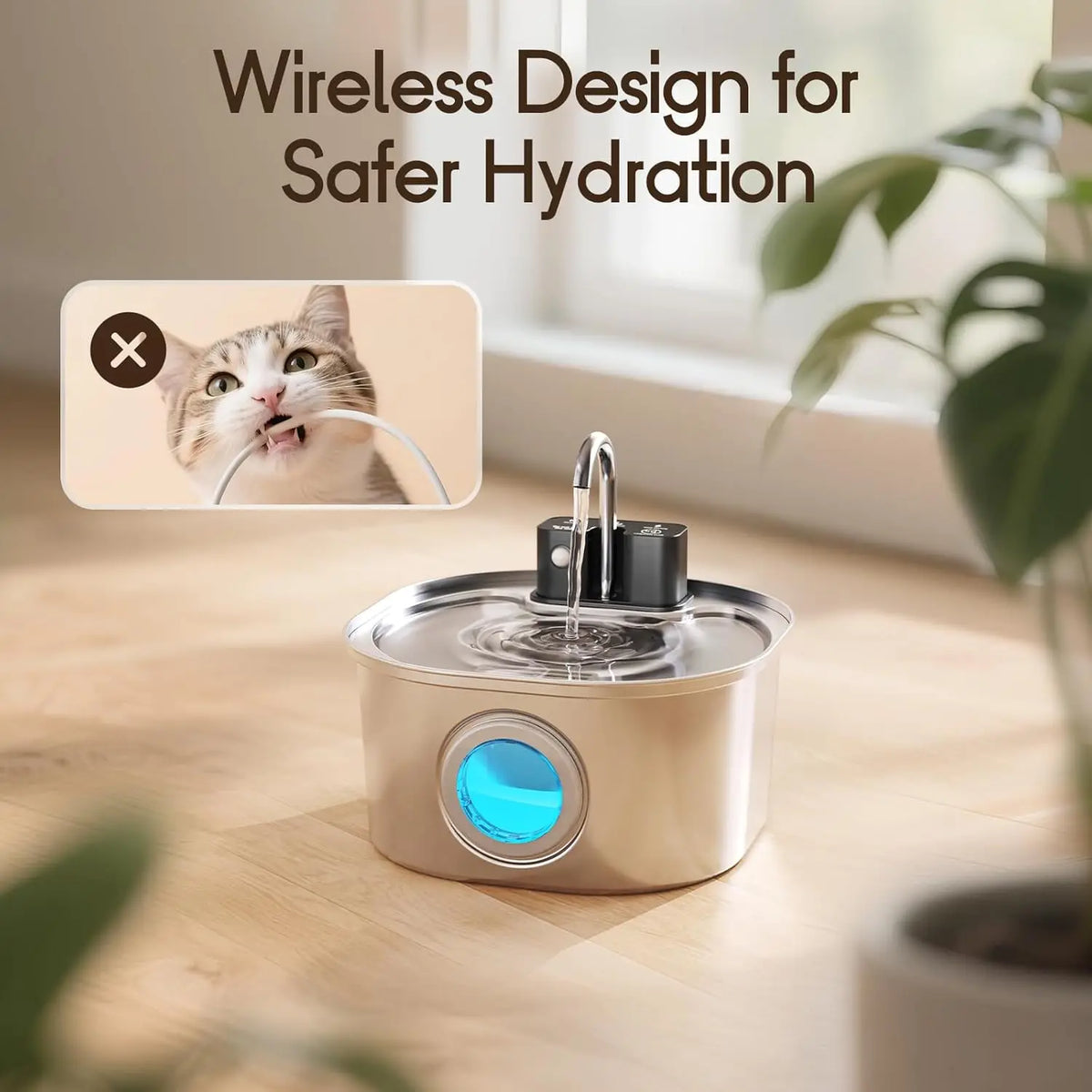3L Stainless Steel Cat Water Fountain – Wireless Rechargeable with Motion Sensor