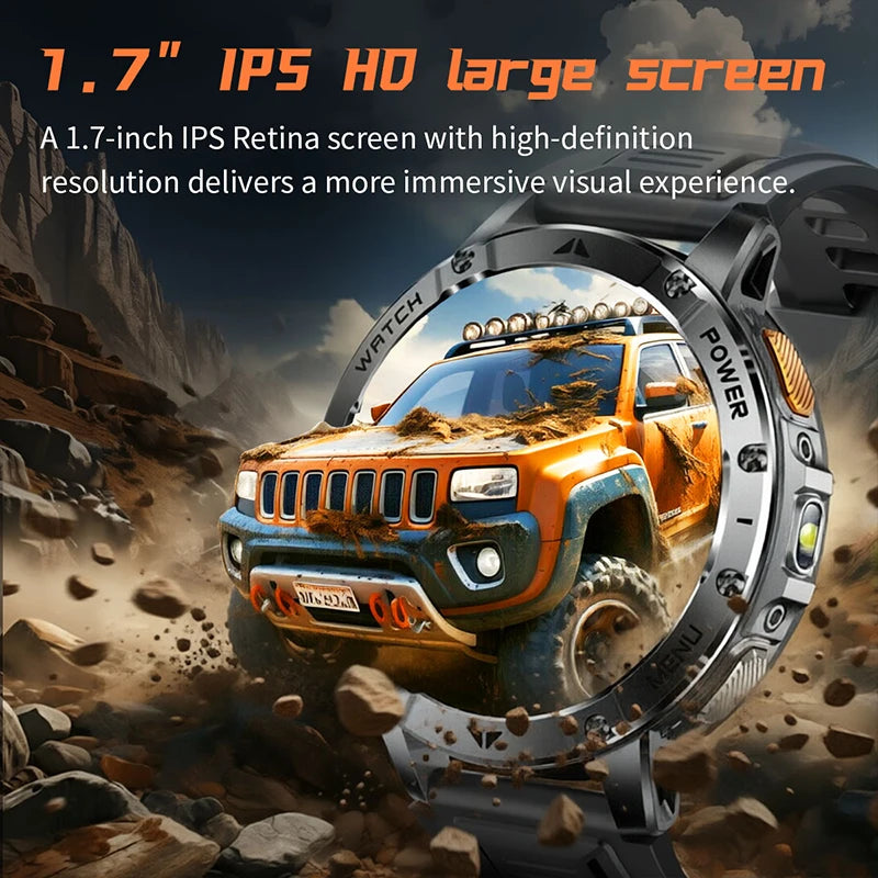 Rugged Smart Watch with 1400mAh Battery, 1.7" Display, IPX8, LED Flashlight, SOS