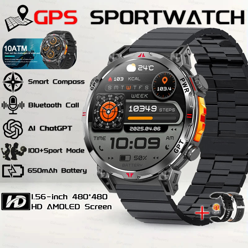 Outdoor GPS Sports Smart Watch for Men, 1.56" AMOLED, Compass, 10ATM Water Resistant
