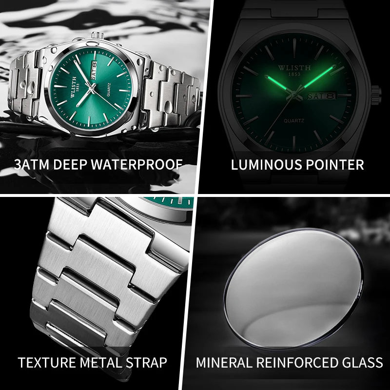 Men's Quartz Watch with Luminous Hands, Date & Week Display, Stainless Steel Band, Water Resistant
