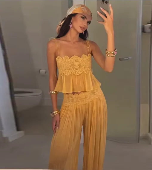 Women Pink Lace Mesh 2 Piece Outfit Straps Floral Cropped Cami High Waist Wide Leg Trousers Set Bohemian Seaside Holiday Suit