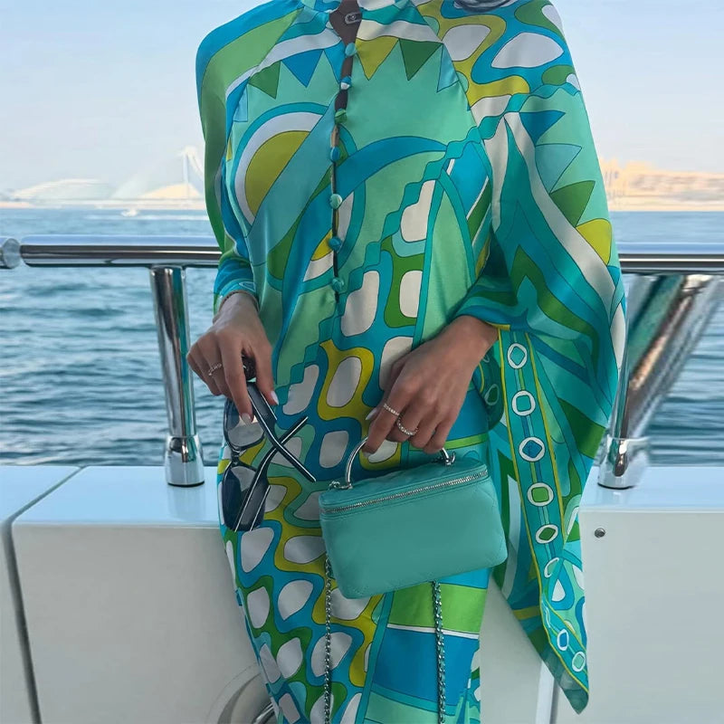 Fashion Geometric Printed Dress For Women Stand Neck Wide Sleeve Buttons Vacation Dresses 2026 Summer Lady Loose Beach Robe