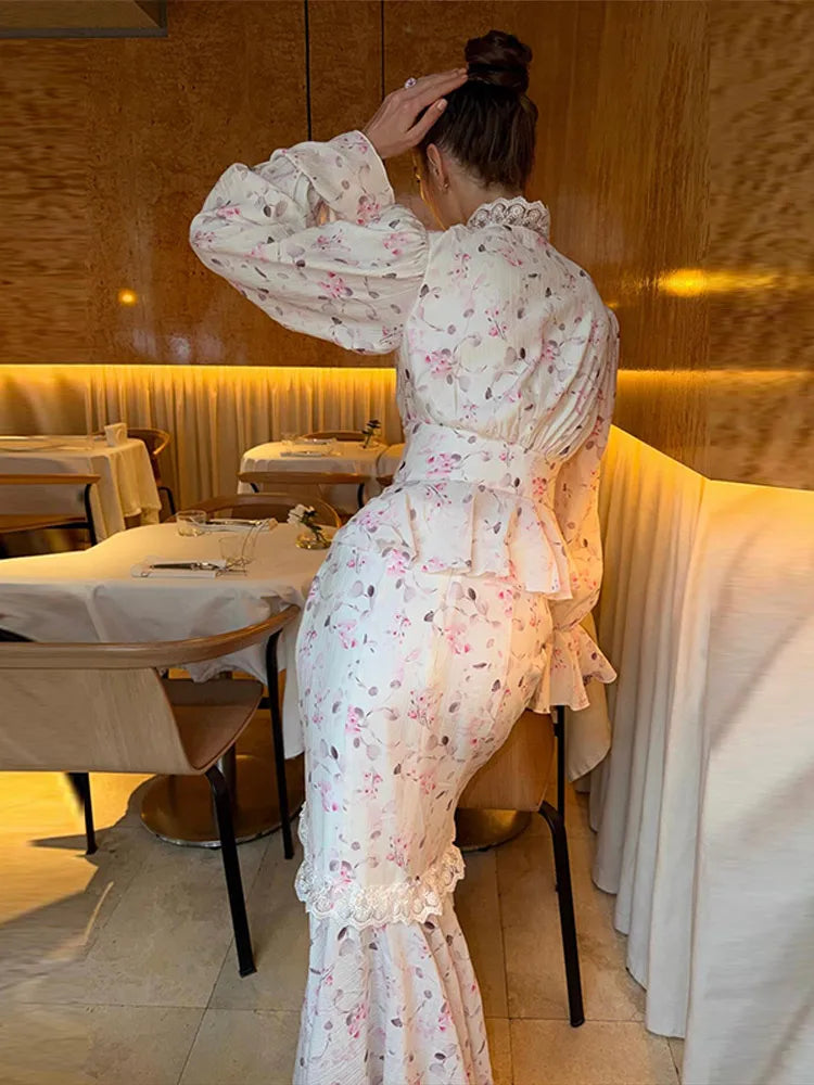 Floral Print Mermaid Skirt Set Women V-Neck Long Flare Sleeve Top Waist Cinched Ruffle Hem Maxi Skirts 2026 Chic Party Lady Suit