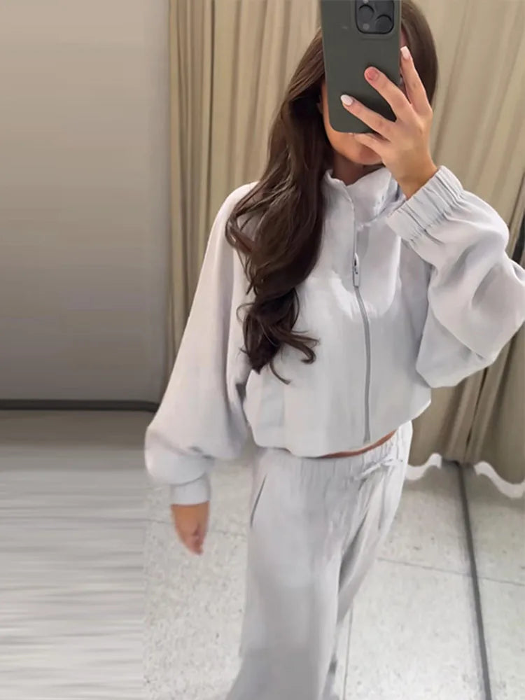 Stand Collar Thin Cropped Coats Pants Suits Women Street Lantern Long Sleeve Zipper Loose Tops Drawstring Wide Leg Trousers Sets
