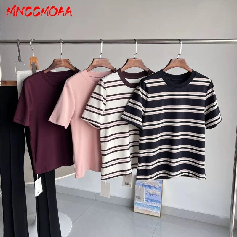High Quality 2026 Summer New Women Fashion Stripes O-Neck Cotton T-Shirt Ladies Casual Short Sleeve Basic Tees Tops Female