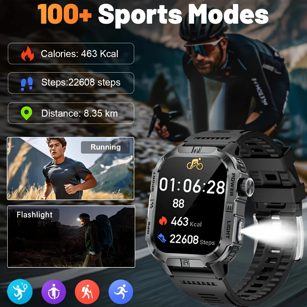 Rugged Outdoor Smart Watch for Men, 2.01" Display, GPS, Compass, LED Flashlight, IP68