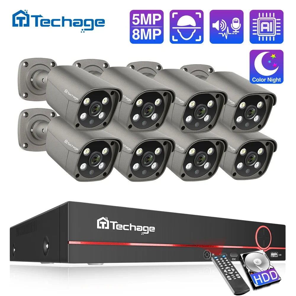 Techage 8CH 8MP 5MP 4K PoE Camera System 2-Way Audio Colorful Night H.265 Smart AI Face Detection CCTV Video Surveillance XMEYE